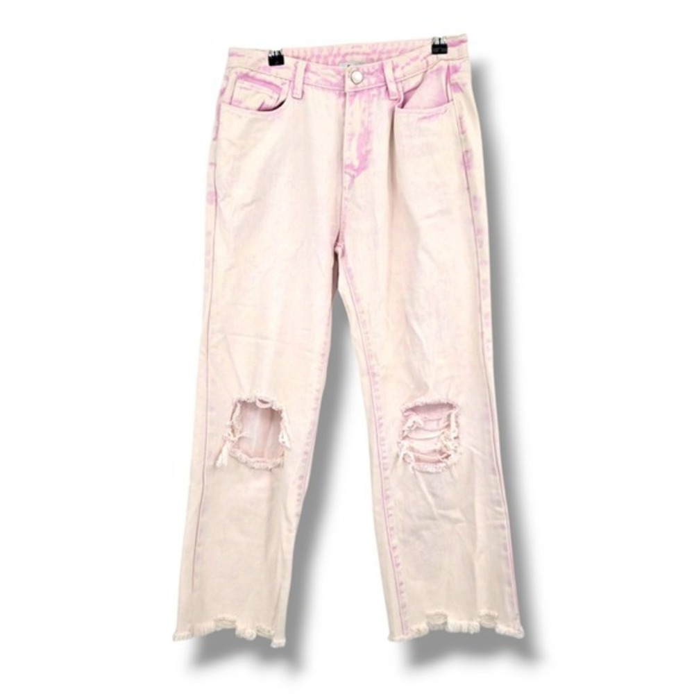 Fate Distressed‎ Jeans Cropped Ripped Knee Raw Hem Light Wash Denim Pink Size M